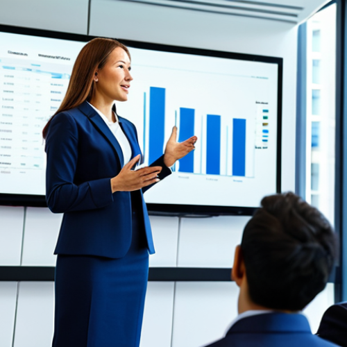 Home 15 A dynamic female entrepreneur in a modest, professional business suit, standing confidently on a stage in a modern, brightly lit conference hall. She is passionately presenting to a diverse group of investors, gesturing towards a large screen displaying clear financial charts and growth metrics. The atmosphere is professional and engaging, safe for work, appropriate content, fully clothed, perfect anatomy, correct proportions, natural pose, well-formed hands, proper finger count, natural body proportions, professional photography, high quality, modest clothing, family-friendly content.