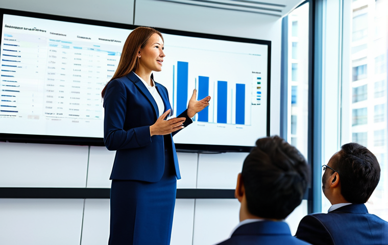 A dynamic female entrepreneur in a modest, professional business suit, standing confidently on a stage in a modern, brightly lit conference hall. She is passionately presenting to a diverse group of investors, gesturing towards a large screen displaying clear financial charts and growth metrics. The atmosphere is professional and engaging, safe for work, appropriate content, fully clothed, perfect anatomy, correct proportions, natural pose, well-formed hands, proper finger count, natural body proportions, professional photography, high quality, modest clothing, family-friendly content.