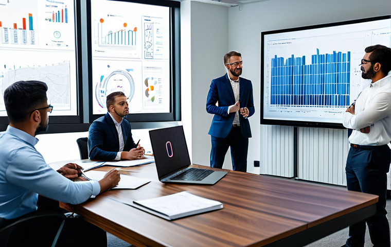 A diverse group of professional individuals, including technical investors and startup founders, in a modern, well-lit office boardroom. They are fully clothed in modest business professional attire, actively engaged in a technical discussion, reviewing complex architectural diagrams and data visualizations displayed on large digital screens. Their expressions are focused and collaborative, demonstrating a deep dive into the project's technical foundation. perfect anatomy, correct proportions, natural pose, well-formed hands, proper finger count, natural body proportions, professional photography, high quality, safe for work, appropriate content, fully clothed, professional.