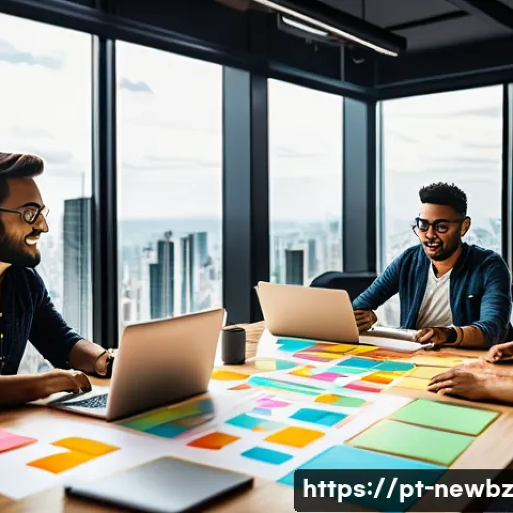 초기 스타트업의 제품 개발 로드맵 작성법 - A modern startup office scene in São Paulo, Brazil, featuring a diverse team of young professionals ...