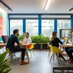 Home 20 초기 스타트업의 시장 진입 장벽 극복 전략 - A vibrant Brazilian startup office scene showing a diverse team of young professionals collaborating...