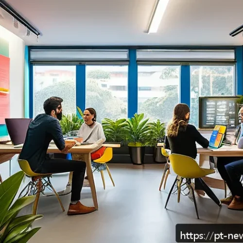 Home 32 초기 스타트업의 시장 진입 장벽 극복 전략 - A vibrant Brazilian startup office scene showing a diverse team of young professionals collaborating...