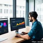 Home 19 스타트업 심사에서의 성과 측정 지표 - A modern startup office scene showing a diverse team of young professionals analyzing colorful digit...